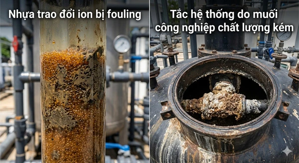 fouling resin và tắc hệ thống do muối công nghiệp kém chất lượng