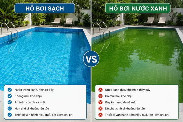 So sánh hồ bơi sạch và hồ bơi bị nước xanh