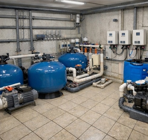 Hệ thống thiết bị bể bơi thương mại được lắp đặt trong phòng máy đạt tiêu chuẩn kỹ thuật