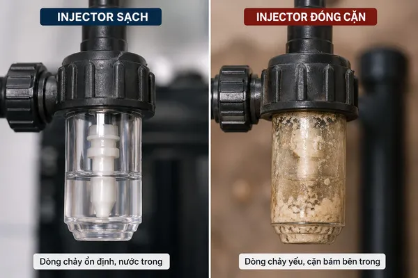 Injector sạch và injector đóng cặn