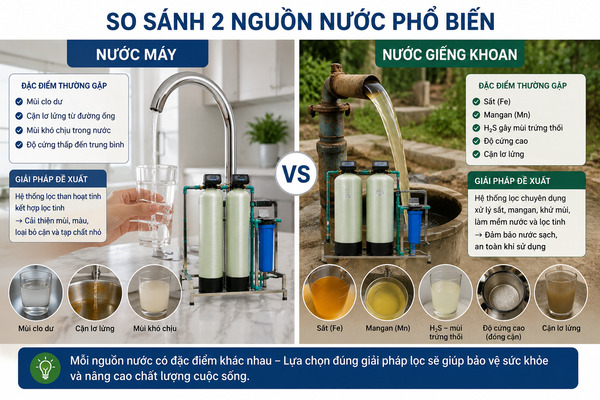 So sánh nguồn nước máy và nước giếng khoan